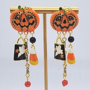 Halloween Jack 'o Lantern Tassel Earrings Colorful Enamel on God Tone Metal